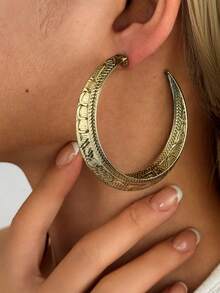 1 Pair Vintage Bohemian Style Distressed Textured Carved Geometric Hoop Earrings, Layered Design, Suitable For Daily Wear - Bronze - View 2