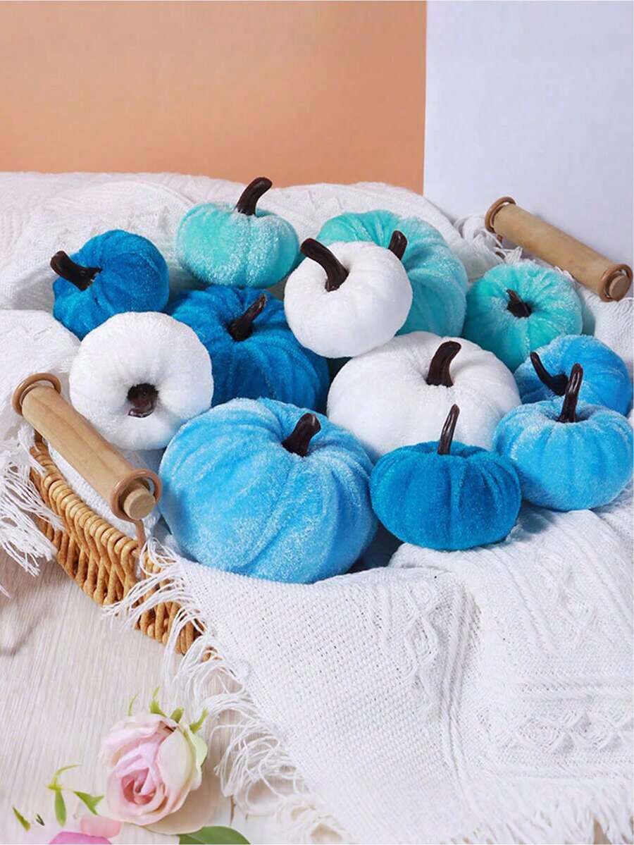 6Pcs Halloween Pumpkin Decor Faux Velvet Foam Fabric Pumpkins Decoration Fall Velvet Pumpkin Harvest Decoration Assorted Faux Blue White Small Fabric Foam Pumpkin For Autumn Thanksgiving Farmhouse Table Centerpiece Halloween Mantel Party Favor Halloween Party Table Centerpiece Decoration(White, TiffanyBlue, Deep Blue) - Multicolor - View 1