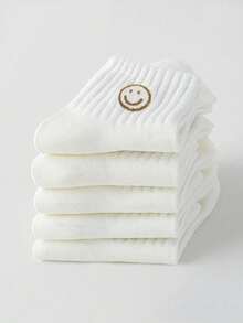 5双装儿童纯色笑脸弹力中筒袜 - 白色 - 查看 5