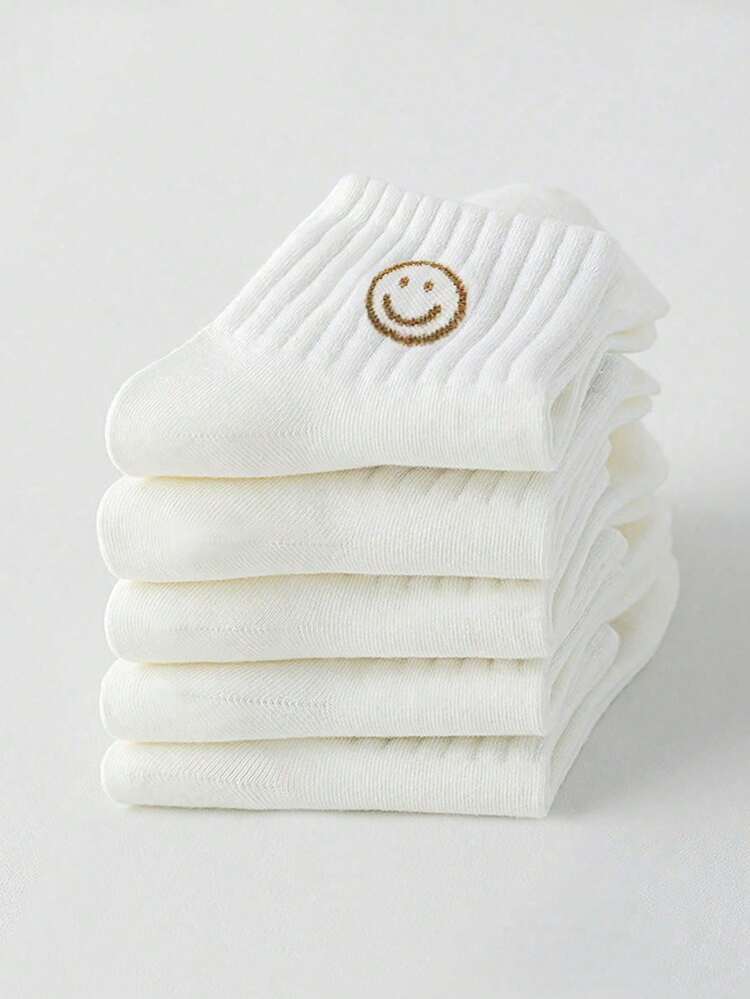 5 pares de calcetines elásticos hasta la pantorrilla de unicolor con cara sonriente para niños - Blanco - Añade 5