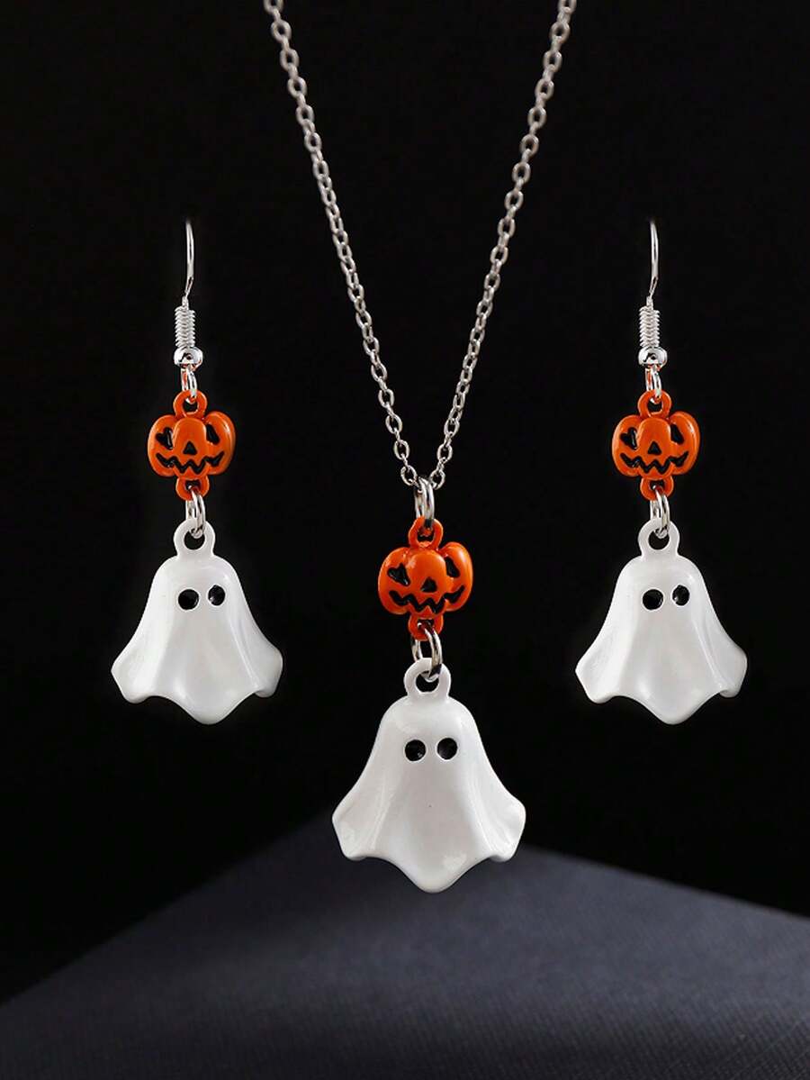 1-3pcs Pumpkin & Ghost Earrings, Cute Enamel Fashion Creative Personalized Versatile Drop Oil Stud Earrings, Pumpkin & Ghost Necklace Suitable For Halloween Party Jewelry
