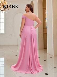 NIKBK 大码腮红粉色露肩美人鱼礼服 - 褶饰雪纺紧身胸衣，不对称飘逸雪纺拖尾，鸡心领口和拖地下摆 | 优雅正式礼服，适合晚会、婚宴、舞会和黑色领带仪式 - 粉色 - 查看 6