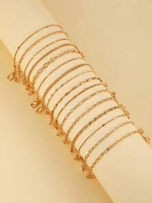 16/11pcs Fashionable Minimalist Elegant Vintage Design Layered Necklace Set, Geometric Heart Rhombus Box Chain Delicate Thin Chain Bracelet, Suitable For Holiday, Party, Date, Gift, Daily Wear - 金黃色 - 查看 4