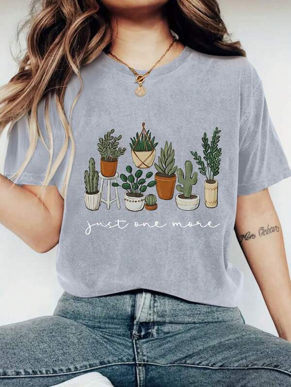 Womens Cactus Flowers Print Loose Oversized T-Shirt For Women - Casual Polyester Knit Fabric With Round Neckline, All-Season Comfort, Festive Holiday Top, 1 Piece, 200gsm