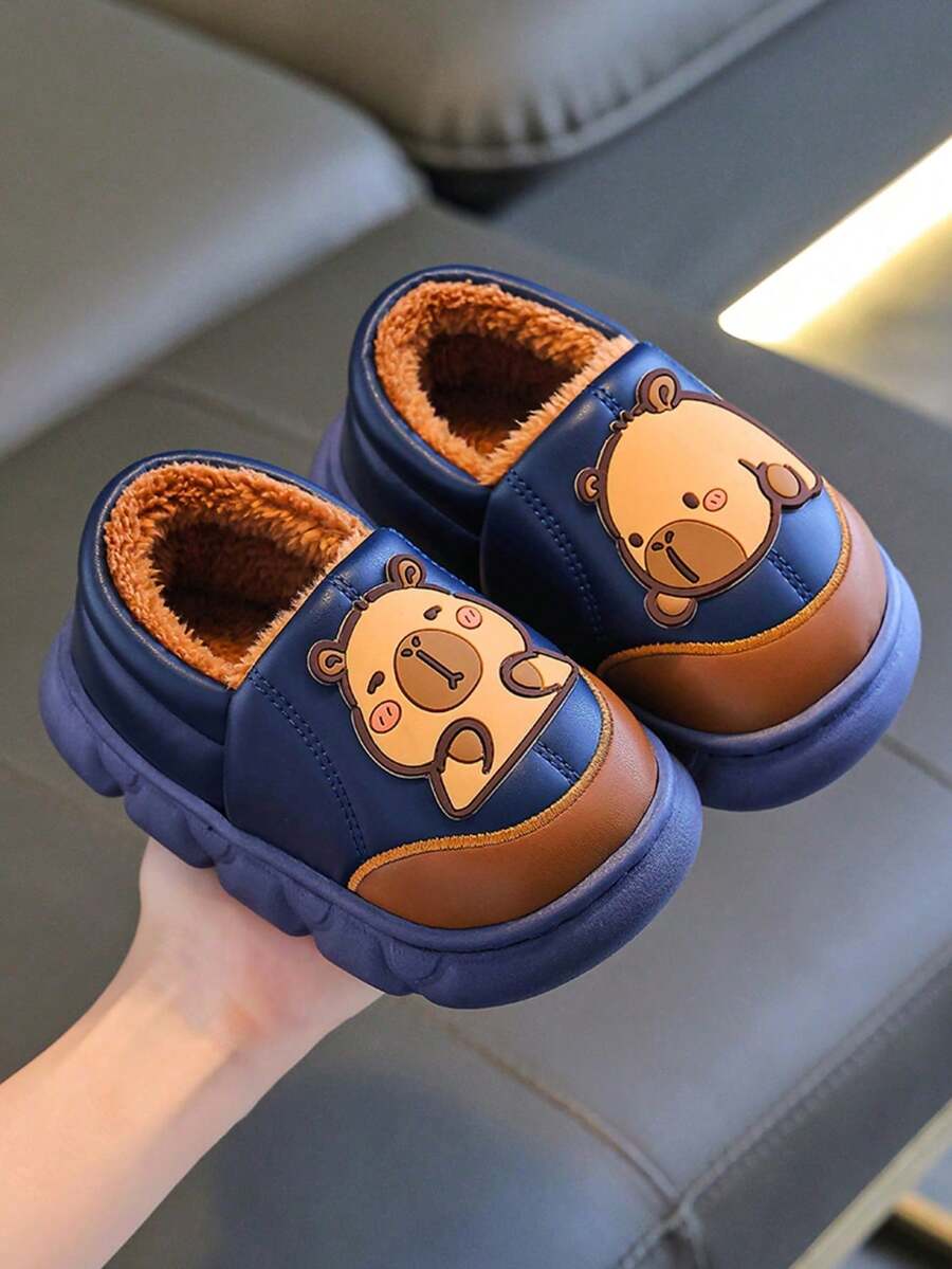 زوج من الشباشب الداخلية للأطفال، خريف/شتاء، شباشب منزلية من الفرو للأولاد، أحذية أطفال للبنات - أزرق غامق - مشاهدة 1