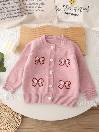 Young Girl Knitted Cardigan Sweater Cardigan With Cute Bow Embroidery, Winter Holiday