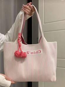 Chio2nd Commuter Pink Wave Tote Bag 2024 New Fashion Large Bag Women's Shoulder Bag Color Matching Knitted Bag, Suitable For Office Workers, Ladies, Girls(Without Pendant)