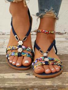 Women's Flat Sandals With Elastic Straps & Floral Design – Perfect For Beach Days And Travel,Plus Size Women's Sandals11 - 黑色 - 查看 5