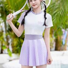 中国風の新しい女の子学生ワンピーススカート水着カジュアルかわいい日焼け止めクール水着 - ピンク - チェックする 2