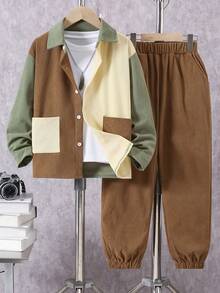 2pcs Boys' Colorblock Corduroy Casual Set, Autumn