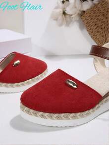 Sandalias de mujer talla grande con bloque de color, tira trasera sin espalda, suela de cuerda de cáñamo, plataforma ligera, cuña y estilo romano para playa y vacaciones - Rojo - Ver 8