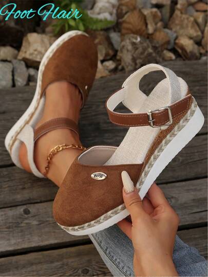 Foot Flair Extra Large Size Women Hemp Rope Flatform Slide Sandals, Bohemian Style, Summer, Lightweight, Brown