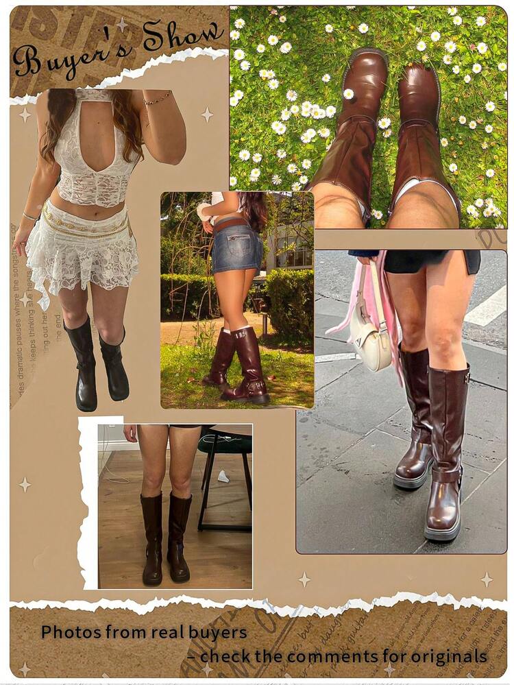 planare Botas de moda para mujer otoño/invierno 2025 a juego con suéter, botas casuales de moda para mujer con cremallera lateral y hebilla, color marrón, tacón grueso, estilo western, zapatos de goma, botas altas hasta la rodilla, botas hasta el tobillo - Marrón - Añade 6