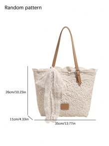 Lace Niche Design Fresh Literary Tote Bag With Bow, Fashionable And Simple Casual Handbag, Large Capacity And Highly Attractively Women's Shoulder Bag, Elegant Women's Underarm Bag, Suitable For Vacation Beach Commuting Daily Matching Photo Giving - Beige - View 5