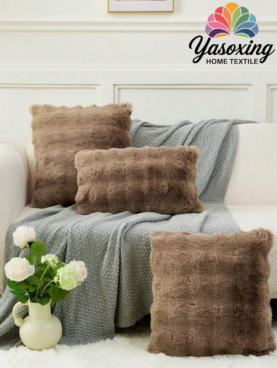 1个咖啡棕色仿兔毛装饰枕套（不含枕芯），现代法兰绒绒面枕套，带拉链封口，适用于家居、沙发、客厅 - 棕色 - 查看 1