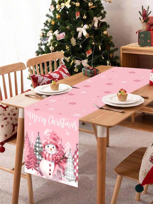 Camino de mesa navideño de 180*35cm con diseño de muñeco de nieve, color rosa, decoraciones navideñas para el hogar, regalos de Navidad 2025, Año Nuevo 2026, mantel festivo, material de tela de poliéster