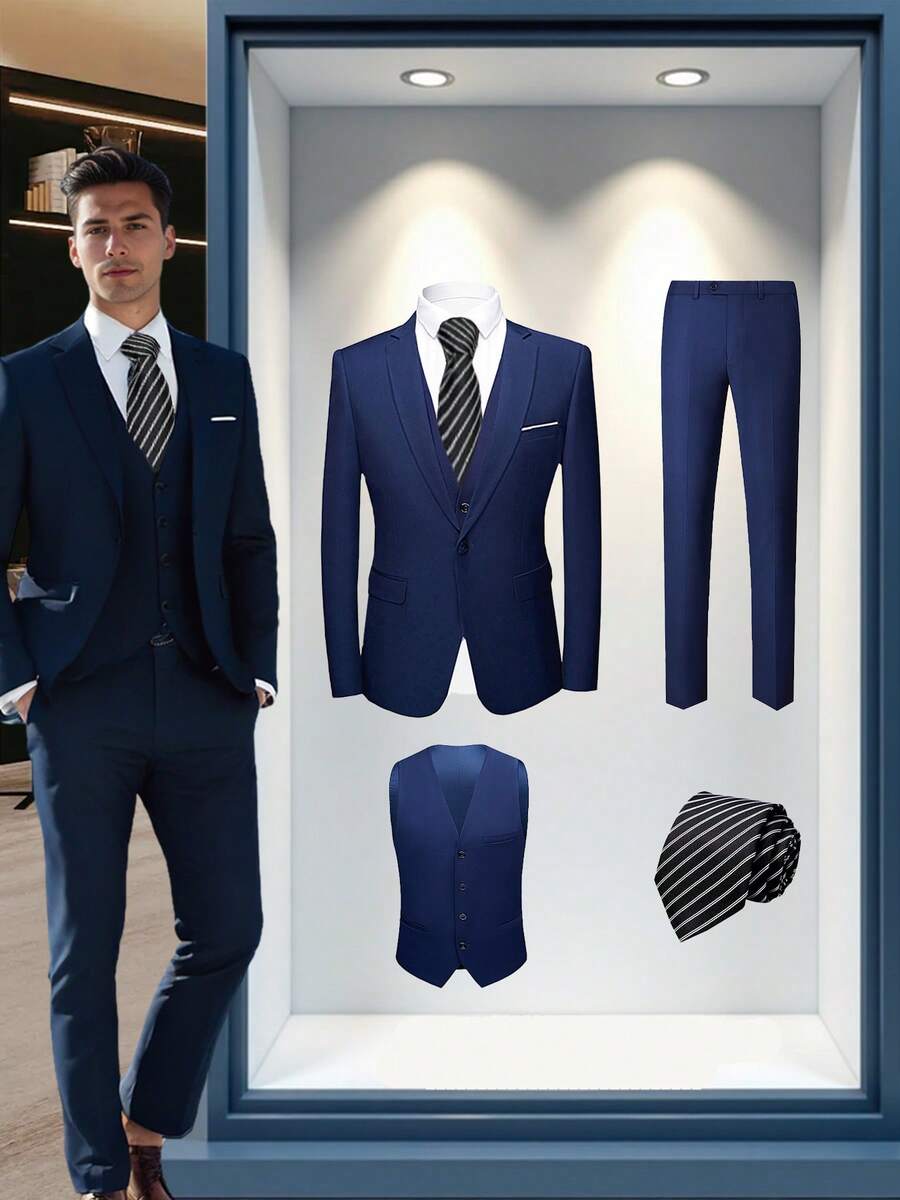 4 Pcs Men Blazer Jacket Vest Pants Tie Lapel Collar One Button For Evening Prom Dinner Wedding Banquet Men Classic Commuting Suit - Màu xanh hải quân - Xem 1