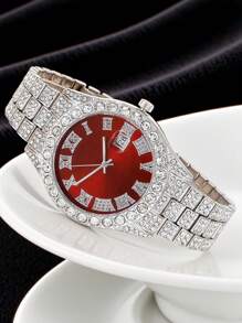 Elegant Men's Quartz Watch - Fashionable Roman Numerals With Luxurious Golden-Tone Crystal Accents, Large Round Dial, Zinc Alloy Band & Case, Battery Operated - Multicolor - View 6