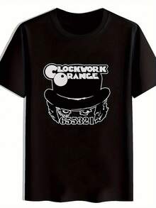 Men's Black Casual Graphic T-Shirt With Mechanical Orange Top Hat & Clockwork Orange Text Print - Streetwear Style Round Neck Tee, Machine Washable, Unique Gift For Men, Urban Clothing, Statement Shirt, Highquality Tee, Stylish Tee, Fashion Enthusiasts - Black - View 8