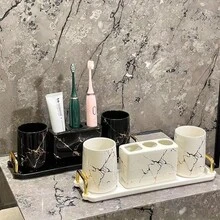 1 Piece Ceramic Gold Marble Toothbrush Holder 3-Hole Freestanding Storage Rack For Bathroom Countertops, Multi-Function Toothbrush And Toothpaste Storage Rack, Durable And Elegant Home Decor Accessory, Stylish Bathroom Supplies - Multicolor - View 4