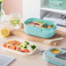 NEUZOJIT 1 Adult Bento Box, Salad Container, Large 40.5 Oz. Salad Bowl, Bento-Style Tray For Toppings, 3 Oz. Sauce Container For Dressing, With Reusable Fork And Knife,Back To School - 藍色 - 查看 5