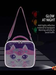 BLING BABIES Girls Lunch Bag, Cute Cartoon Cat Sequin Design, Suitable For Elementary Students, Children's Lunch Box, Kindergarten Lunch Handbag, Reusable Picnic Bag, Glow-In-The-Dark Function - Pink - Pink - View 9