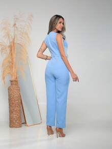 Women's Tailored Jumpsuit With Button At The Front C3154 - Baby Blue - View 4