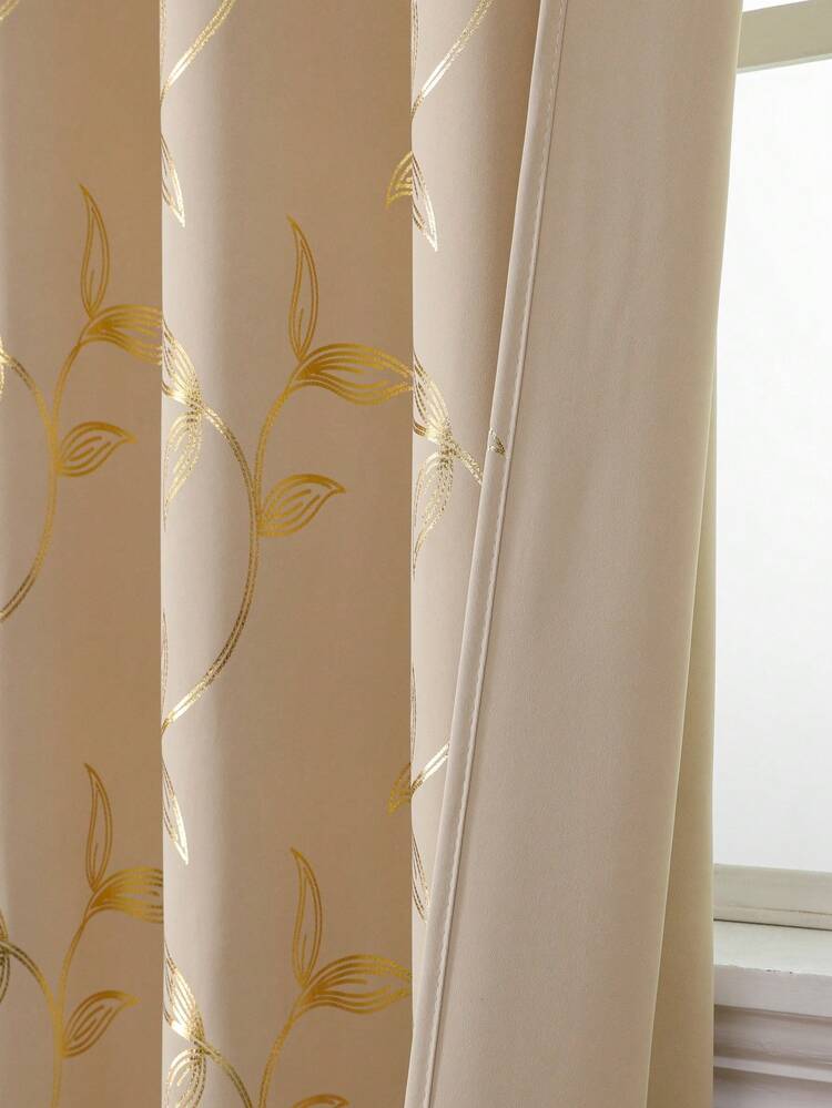 2pcs Beige Floral Blackout Thermal Curtain Panels, Modern Printed 3D Floral Design, Suitable For Living Room, Bedroom, Dining Room Home Decor, Room Decoration - Beige Gold - View 4