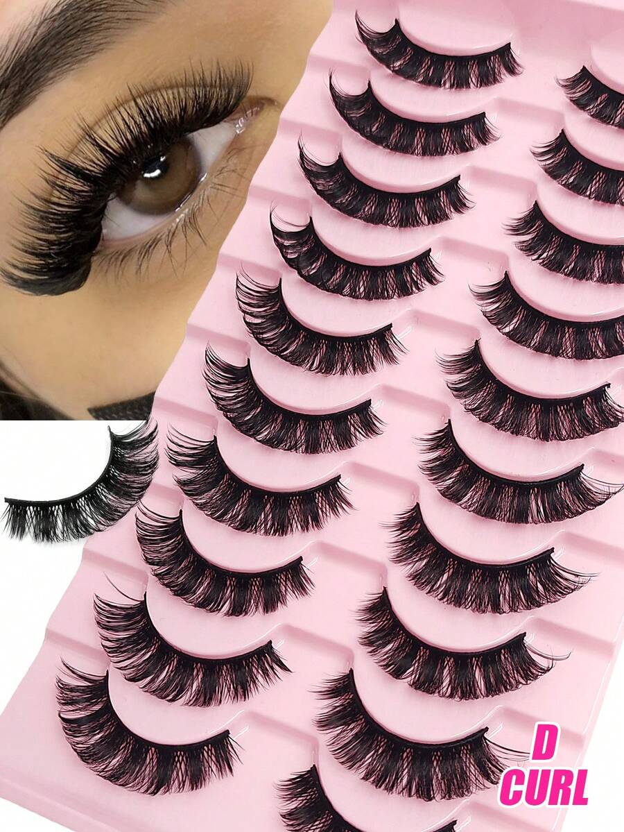 Asiteo 10 pares de pestañas postizas de visón falso con rizo D, esponjosas y gruesas, adecuadas para fiestas, bailes y maquillaje diario - Negro - Ver 1