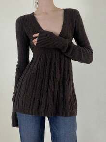 Women's Fall Sweater Long Sleeve V Neck Cable Knit Ruffle Babydoll Sweater Tops - Brown - View 4