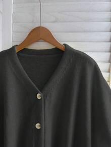 FOR BEAUTY 女士宽松V领纽扣短袖针织上衣，黑色，宽松休闲度假风轻薄开衫毛衣，春夏款 - 黑色 - 查看 9