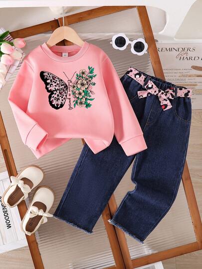 幼儿蝴蝶结装饰印花保暖圆领运动衫和牛仔裤套装
