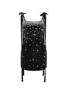 Astony One 性感黑色丝绒迷你连衣裙，饰有闪亮水钻蝴蝶结肩带 | 简约短款晚礼服，适合生日、单身派对、舞会、约会之夜、夜店、外出等各种场合 - 黑色 - 查看 2