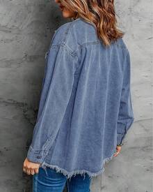 Vetinee Women's Oversized Button Up Frayed Hem Shacket Long Sleeve Pockets Denim Jean Jacket - Medium Blue - 查看 9