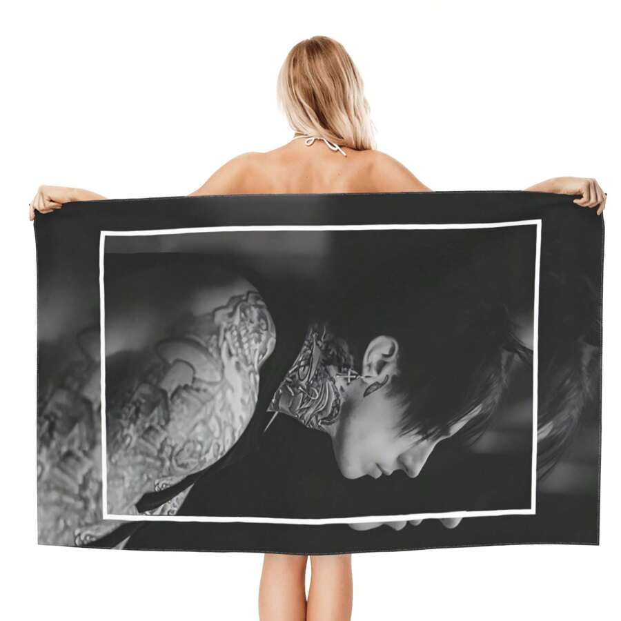 Ronnie Radke Themed Microfiber Beach Towel - Black & White Tattoo Portrait Design, Lightweight & Quick-Dry Swimming, Gym, Yoga, Travel - Modern Bath & Beach Accessory, Bold Pattern, Durable Material, Yoga Practitioners