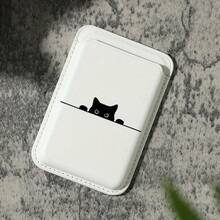 New Luxury Fashion Exquisite Black Cat Pattern Faux PU Leather Magnetic Card Holder Compatible  16 15 14 13 12 Pro Max PU Leather Wallet Accessory For 1-2 Cards - 白色 - 查看 1