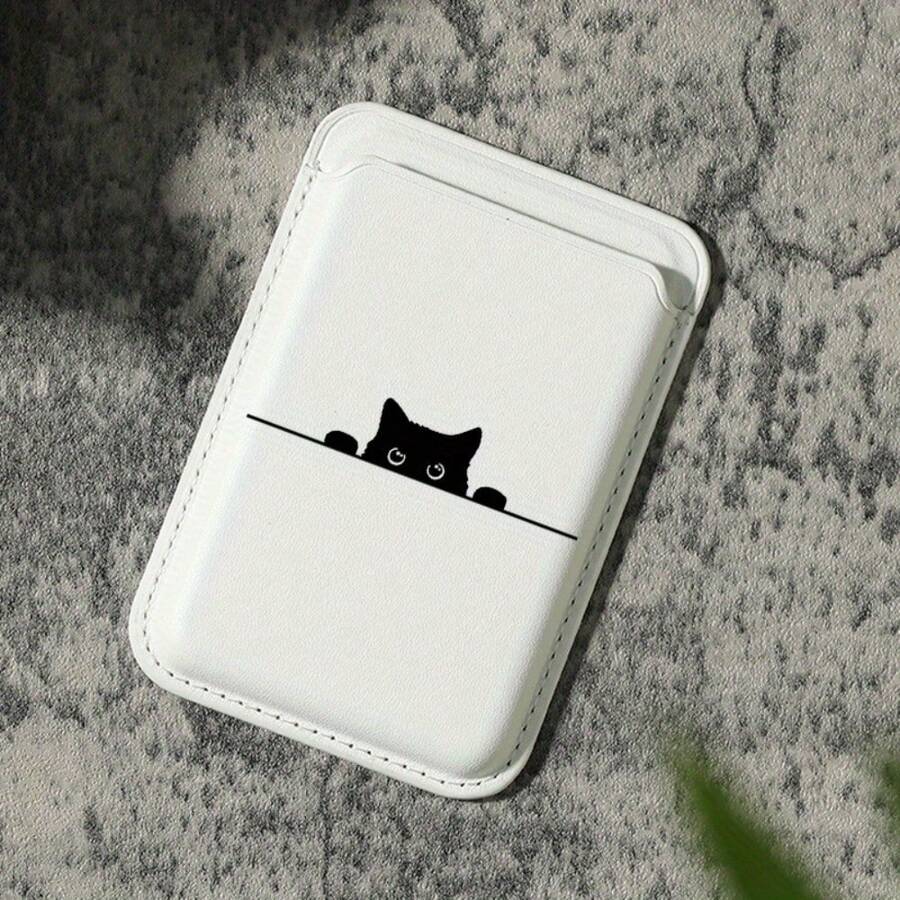 New Luxury Fashion Exquisite Black Cat Pattern Faux PU Leather Magnetic Card Holder Compatible 16 15 14 13 12 Pro Max PU Leather Wallet Accessory For 1-2 Cards - 白色 - 查看 1