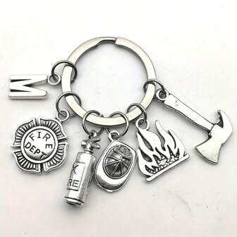 1 Firefighter Themed Alloy Keychain With Hammer, Axe, Fire Extinguisher, And Flame Pendant - Metal Keychain Suitable For Decoration And Gifts
