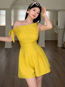 abyoxi 女士黄色性感不对称领单肩系腰极简连体裤，休闲通勤、海滩度假、日常穿着，春夏短款连体裤 - 芥末黃 - 查看 4