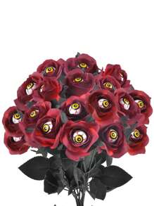 2PCS/5PCS/10PCS 玫瑰人造花人造血玫瑰和眼睛花束仿真单枝长茎假丝玫瑰束适合派对、家庭、万圣节 DIY 装饰 - 萬聖紅玫瑰黃眼 - 查看 2