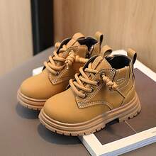 1 Par De Botines De Media Bota Para Niños, Diseño Ergonómico Con Cremallera Y Cordones, Suela Blanda Que Acompaña El Pie, Antideslizante, Perfectos Para Cole, Paseos Y Actividades De Otoño E Invierno - Amarillo - Ver 1