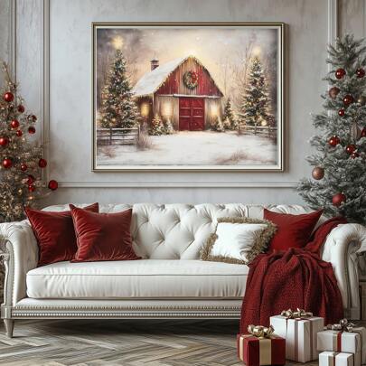1pc, Canvas Hanging Painting, Framed Wall Art, Christmas Red Barn Wall Art, Farmhouse Decor, Rural Pastoral Landscape Painting, Winter Wall Art, Barn Print, Vintage Christmas, Christmas Decoration, Winter Decoration, Christmas Room Decoration, Dorm Decoration, Living Room Decoration, Bedroom Decoration, Bathroom Decoration, Dining Room, Office Decoration, Christmas Home Decoration