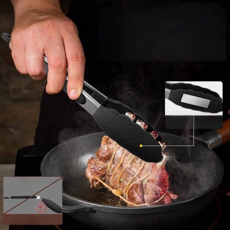 不锈钢耐热厨房夹钳、烧烤夹钳、不粘硅胶尖头夹钳、强力抓握食物、拌沙拉、空气炸锅、带锁定设计、适用于厨房烹饪、烘焙、家居、户外烧烤、沙拉 - 彩色 - 查看 3