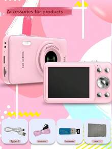 W&O 2025 48MP 1080P Full HD Digital Camera - 2.4-Inch Portable Auto-Focus Vlogging Camera With 32GB Card & 16X Zoom | USB-C Rechargeable,  Puzzle Game - 粉色 - 查看 8