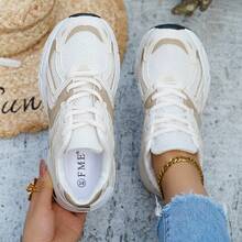 New Women Casual Sneakers Chunky Sneakers White Lace-Up Round Toe Mixed Material Breathable Versatile College Style Student Outdoor Hiking Casual Shoe - 米色 - 查看 5