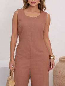 Elegant Linen Wide Leg Jumpsuit With Discreet Pockets - Mocaccino - View 4