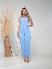 Women's Tailored Jumpsuit With Button At The Front C3154 - Baby Blue - View 1