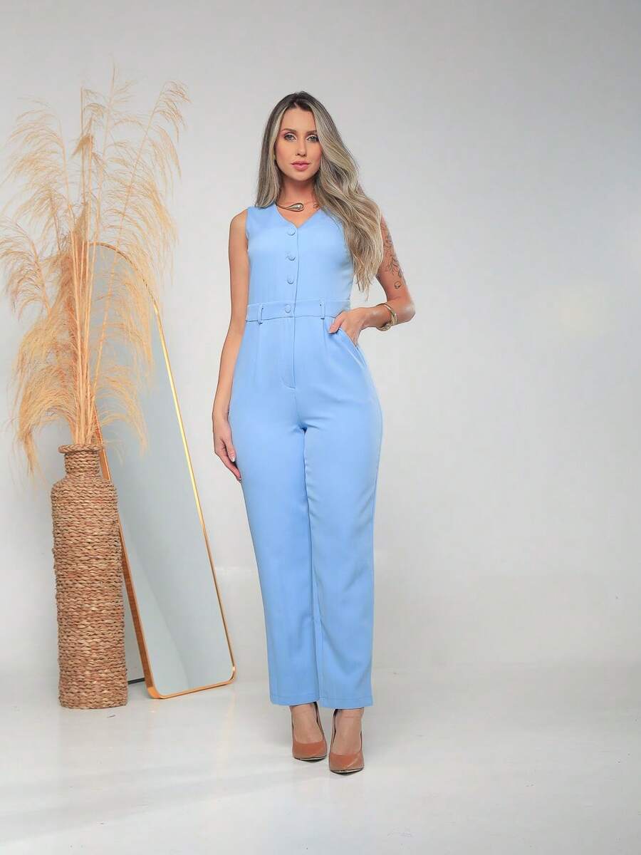 Women's Tailored Jumpsuit With Button At The Front C3154 - Baby Blue - View 1