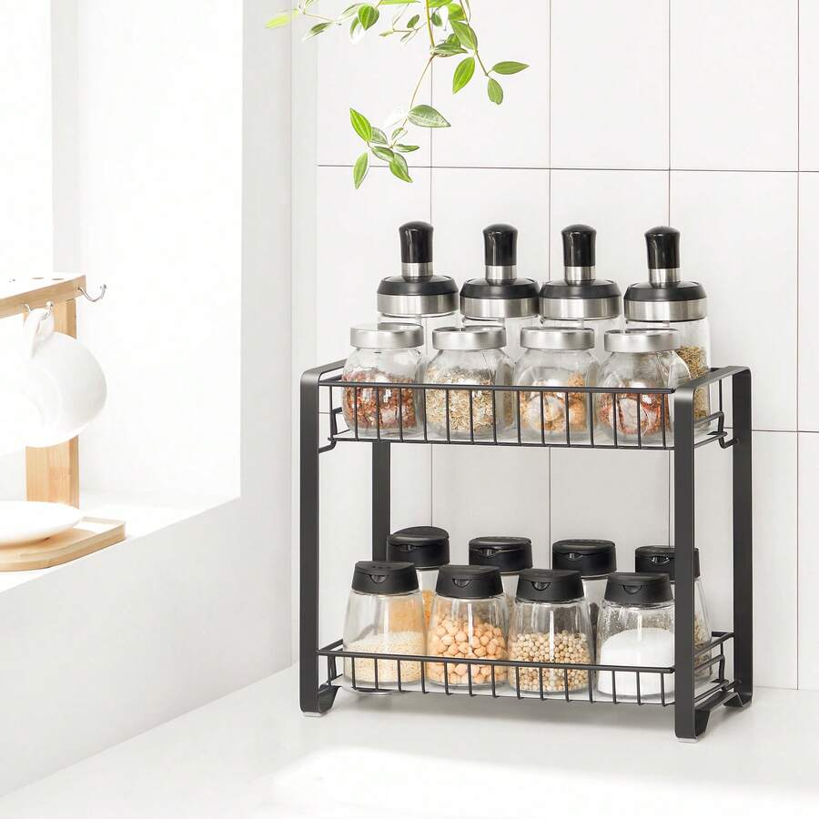 SONGMICS Especiero, Organizado de especias, Estante de metal de 2 pisos para cocina con revestimiento de plástico, Patas antideslizantes, Fácil de montar, para baño, Negro - Negro - Ver 1