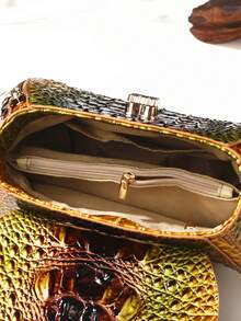 Classic Solid Color Mini Square Handbag, Crocodile Pattern Top Handle Bag For Women - 6#黃+棕 - 查看 6